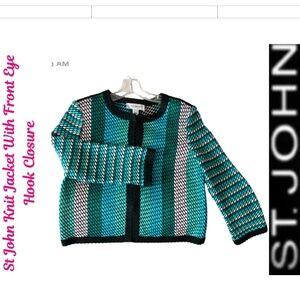 St. John Blue Stripe Knit Jacket With Front Eyehook Closure